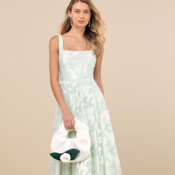 Lulus Loira Mint Burnout Jacquard Lace-up Midi Dress Green - Size L - Picture 1 of 1